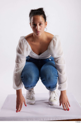 Whole Body Woman White Casual Slim Kneeling Studio photo references
